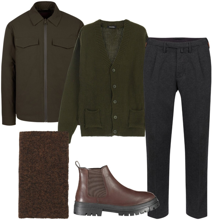 Outfit uomo - Il cardigan a coste. Stile Urban per Ufficio. Abbinamento con sciarpe, cardigans, pantaloni, stivali, piumini.