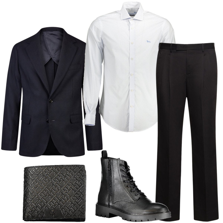 Outfit uomo - Elegante per la sera. Stile Business/Elegante per Serata speciale. Abbinamento con giacche, camicie, pantaloni, stivali, portafogli.