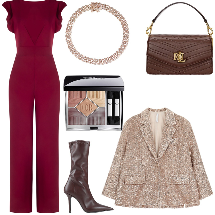 Outfit donna - Natale Italiano chic. per Cerimonia. Abbinamento con stivaletti, ombretti, braccialetti, blazer, tute, borse a tracolla.
