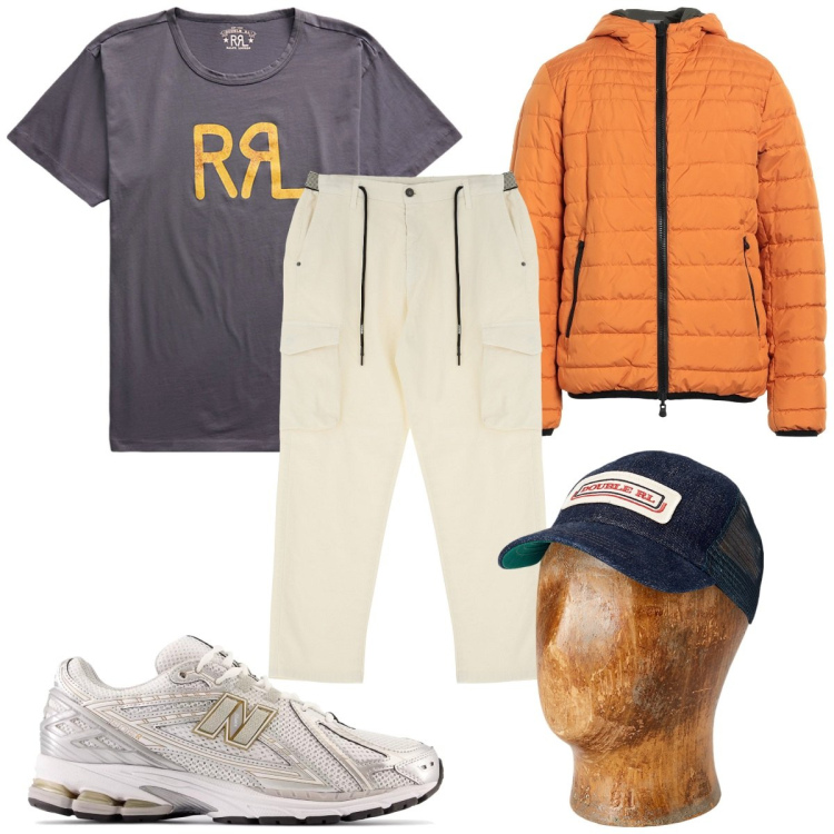 Outfit uomo - Total look #2020907. Stile Trendy per Tutti i giorni. Abbinamento con piumini, sneakers, pantaloni cargo, t-shirt, cappelli.