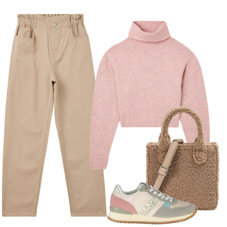 Outfit donna - Pastello. Stile Casual per Tutti i giorni. Abbinamento con pantaloni, shopping bag, maglieria, sneakers.