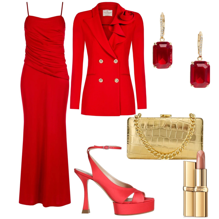 Outfit donna - Rosso passione. Stile Sexy per Serata fuori. Abbinamento con sandali in pelle, rossetti, blazer, vestiti asimmetrici, clutch, orecchini.