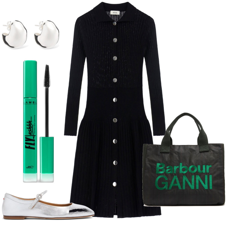 Outfit donna - Abbottonata. Stile Basic per Tutti i giorni. Abbinamento con mascara, vestiti midi/longuette, ballerine, borse tote, orecchini.