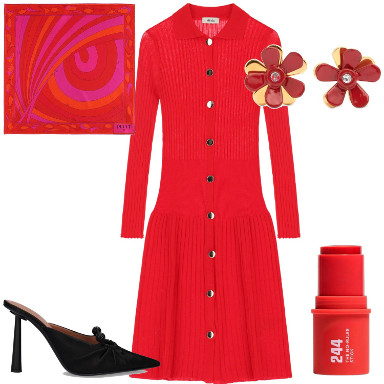Outfit donna - Vigilia in famiglia. Stile Chic per Tutti i giorni. Abbinamento con ombretti, vestiti midi/longuette, foulard, orecchini, pantofole.
