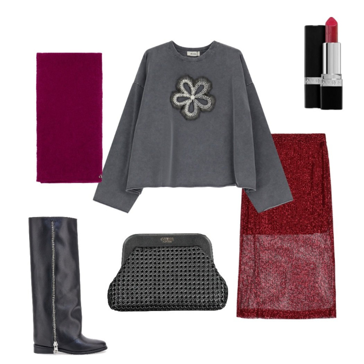 Outfit donna - Christmas style. Stile Casual chic per Serata fuori. Abbinamento con rossetti, gonne longuette, felpe, stole, stivali, borse a mano.