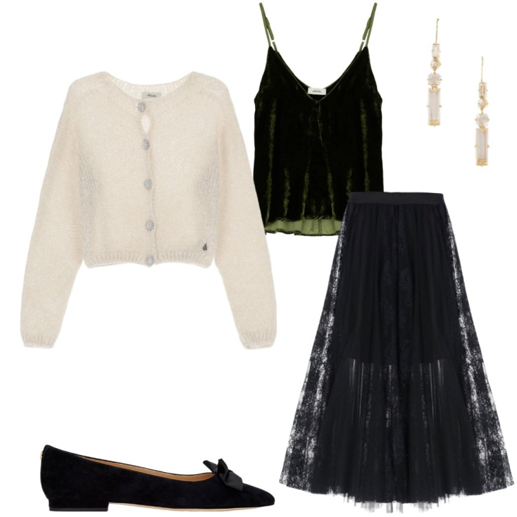 Outfit donna - Christmas style. Stile Chic per Serata fuori. Abbinamento con gonne, canottiere, cardigans, ballerine, orecchini.