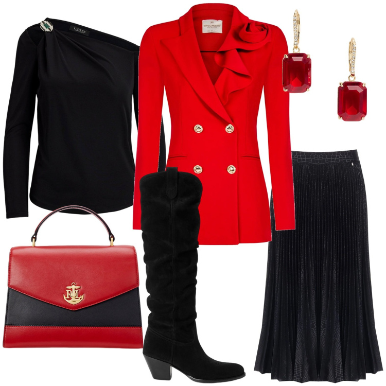 Outfit donna - Come un regina. Stile Chic per Serata fuori. Abbinamento con blazer, gonne longuette, stivaletti, maglieria, borse a mano, orecchini.