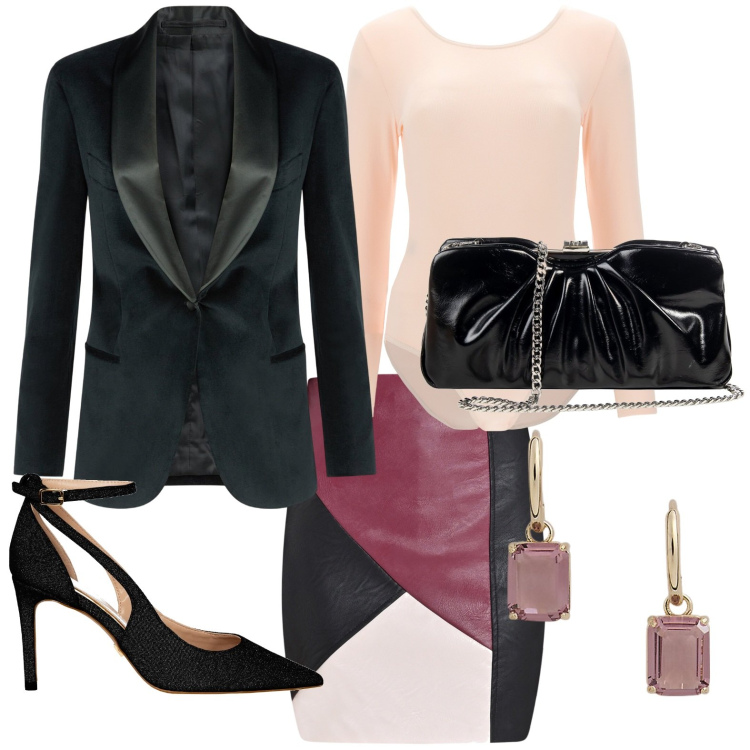 Outfit donna - Come una regina. Stile Chic per Serata fuori. Abbinamento con gonne, pochette, décolleté, body, orecchini, blazer.