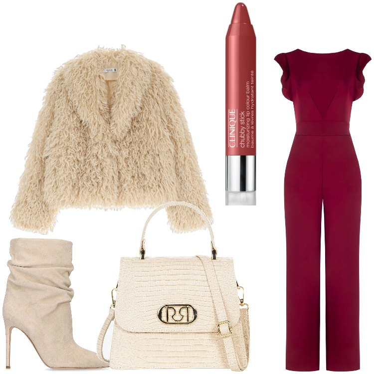 Outfit donna - Aria di festa. Stile Chic per Serata fuori. Abbinamento con rossetti, tute, borse a mano, blazer, stivaletti.