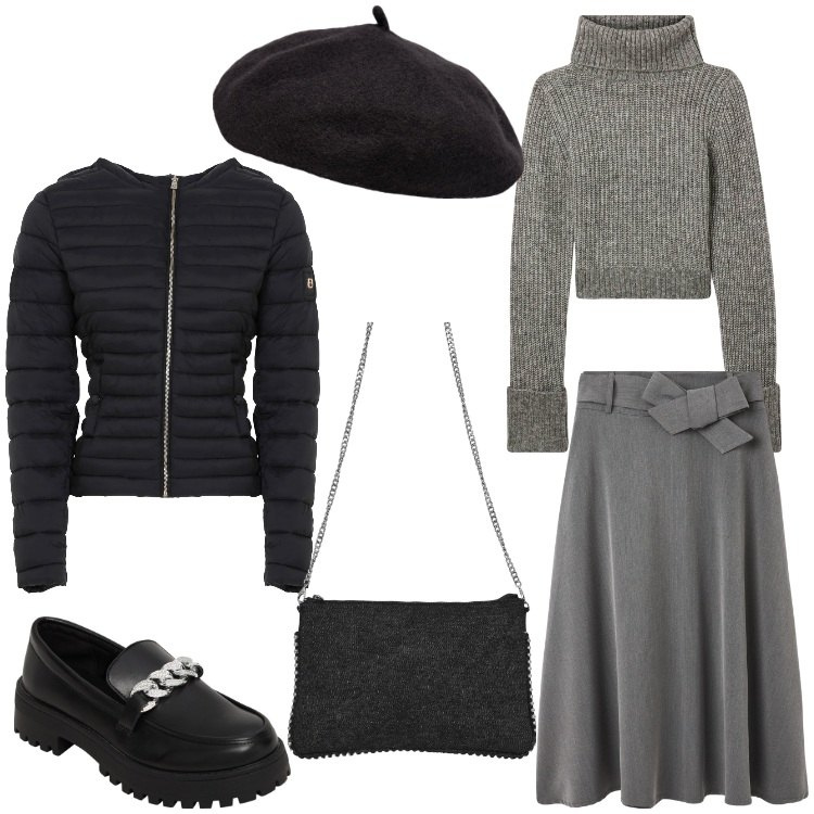 Outfit donna - Per le feste. Stile Casual chic per Serata fuori. Abbinamento con mocassini, gonne lunghe, maglieria, borse a tracolla, piumini, cappelli e berretti.