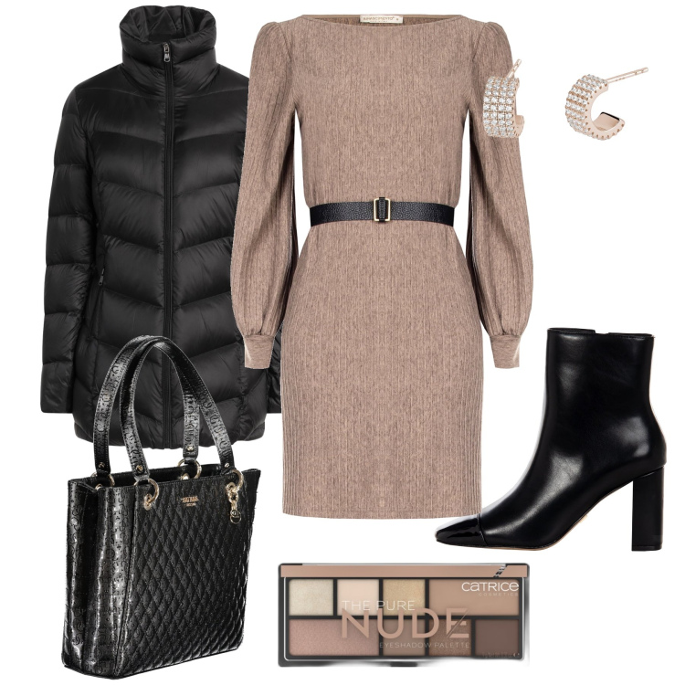 Outfit donna - A lavoro a dicembre. Stile Bon Ton per Ufficio. Abbinamento con piumini, ombretti, orecchini, vestiti, stivaletti, borse a spalla.