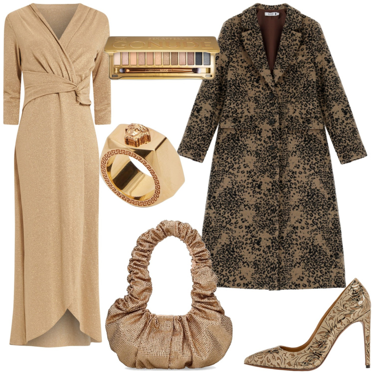 Outfit donna - Capodanno glamour. Stile Glamour per Serata fuori. Abbinamento con ombretti, vestiti lunghi, cappotti, décolleté, borse a spalla, anelli.