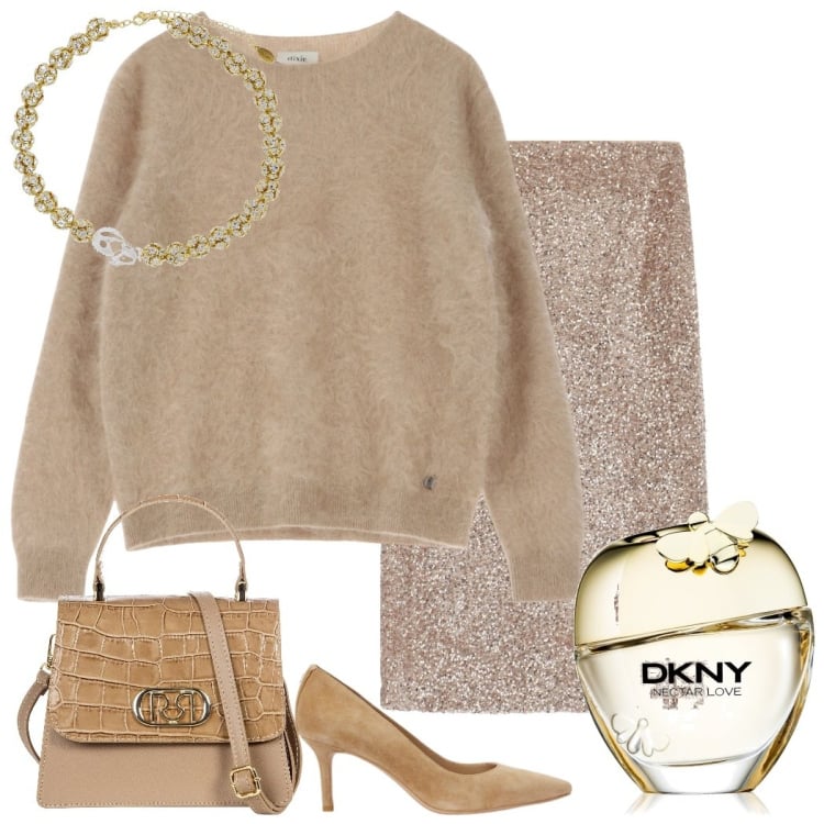 Outfit donna - Semplicemente glam. Stile Glamour per Serata fuori. Abbinamento con profumi, borse a mano, gonne, pullovers, décolleté, collane.