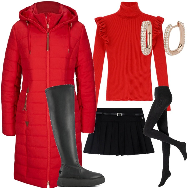 Outfit donna - Rosso di sera. Stile Casual per Serata fuori. Abbinamento con blazer, collant, orecchini, minigonne, maglieria, stivali sopra il ginocchio.