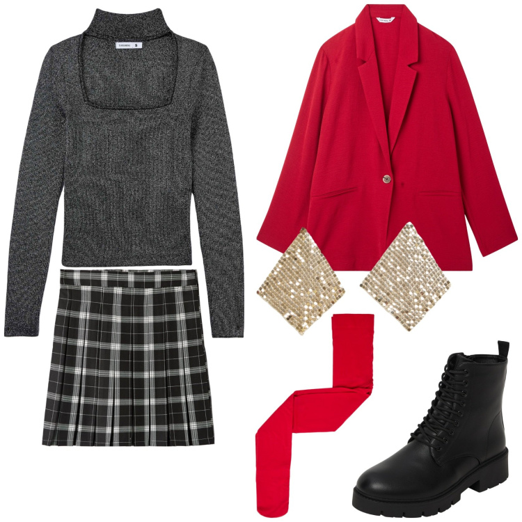 Outfit donna - Terranova. Stile Trendy per Serata fuori. Abbinamento con blazer, minigonne, maglieria, anfibi, orecchini, collant.