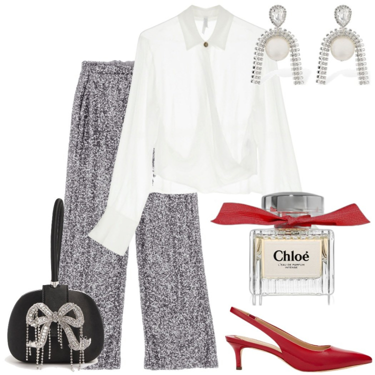 Outfit donna - La camicia bianca. Stile Glamour per Serata fuori. Abbinamento con profumi, pantaloni a palazzo, camicie, décolleté, orecchini, pochette.
