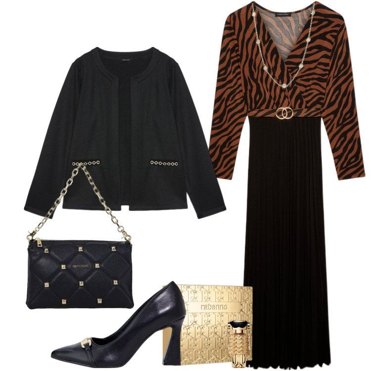Outfit donna - Total look #2021008. Stile Chic per Serata fuori. look ideale per Tall. Abbinamento con profumi, collane, stivaletti, borse a spalla, blazer, vestiti lunghi.