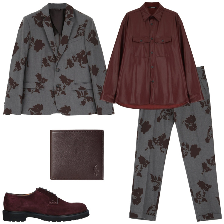 Outfit uomo - Un insolito completo. Stile Trendy per Serata speciale. Abbinamento con scarpe stringate, giacche, pantaloni, camicie, portafogli.