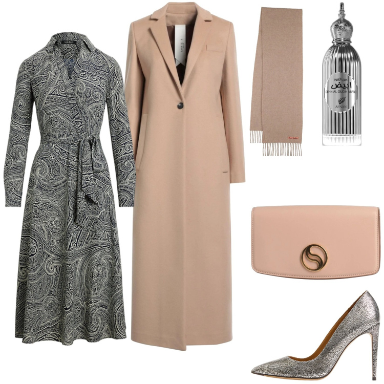 Outfit donna - Marrone chiaro e grigio. Stile Chic per Cerimonia. Abbinamento con cappotti, borse a mano, profumi, vestiti, décolleté, sciarpe.