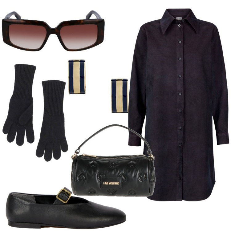 Outfit donna - Idee regalo black. Stile Minimal per Tutti i giorni. Abbinamento con borse a mano, guanti, orecchini, vestiti chemisier, ballerine, occhiali da sole.