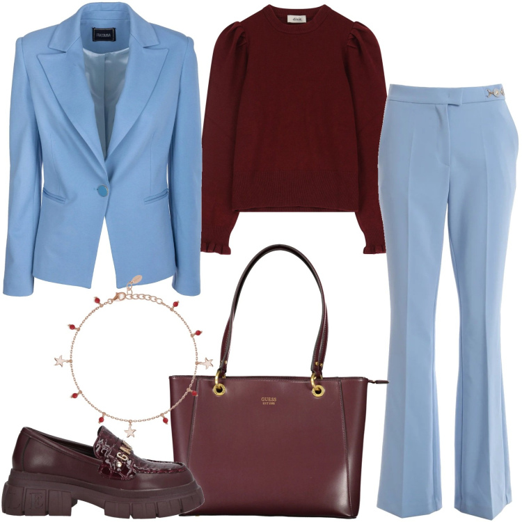 Outfit donna - Azzurro e bordeaux. Stile Chic per Ufficio. Abbinamento con mocassini, braccialetti con ciondoli, blazer, pantaloni, pullovers, borse a spalla.