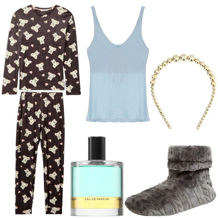 Outfit donna - Routine della buona notte. Stile Minimal per Tutti i giorni. Abbinamento con profumi, pantofole, pigiama, canottiere, cerchietti.