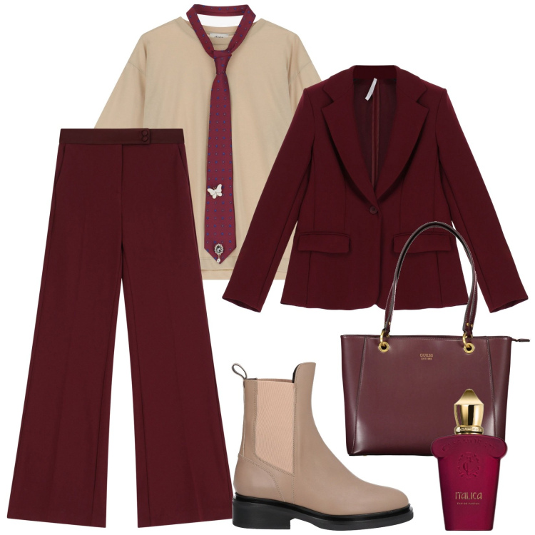 Outfit donna - Total look #2021052. Stile Trendy per Scuola/Università. Abbinamento con stivaletti chelsea, profumi, pantaloni, blazer, t-shirt, borse a spalla.