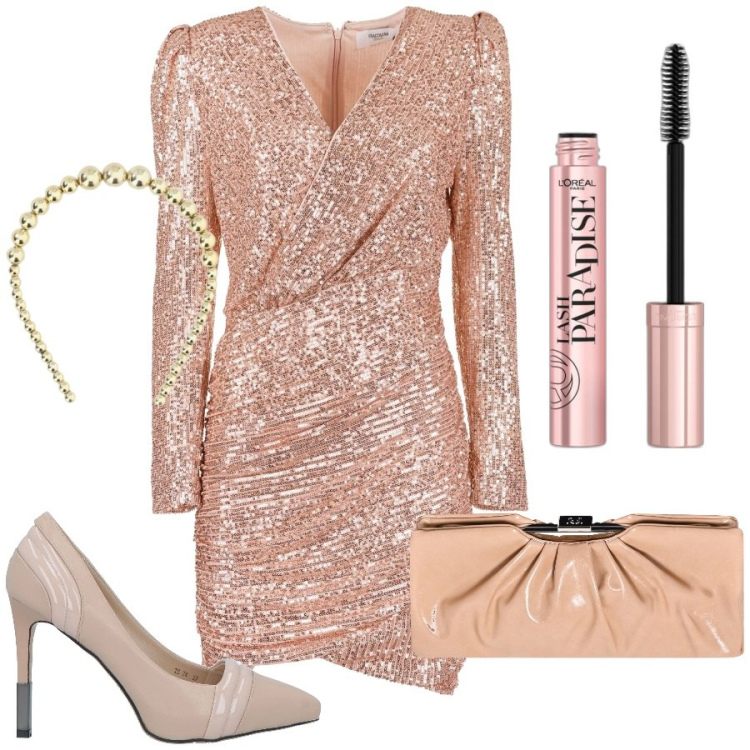 Outfit donna - Brillante per brindare. Stile Glamour per Serata fuori. Abbinamento con décolleté, mascara, pochette, vestiti corti, cerchietti.