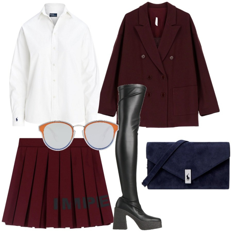 Outfit donna - Combo gonna + stivali. Stile Preppy per Scuola/Università. Abbinamento con occhiali da sole, stivali, blazer, minigonne, camicie, clutch.