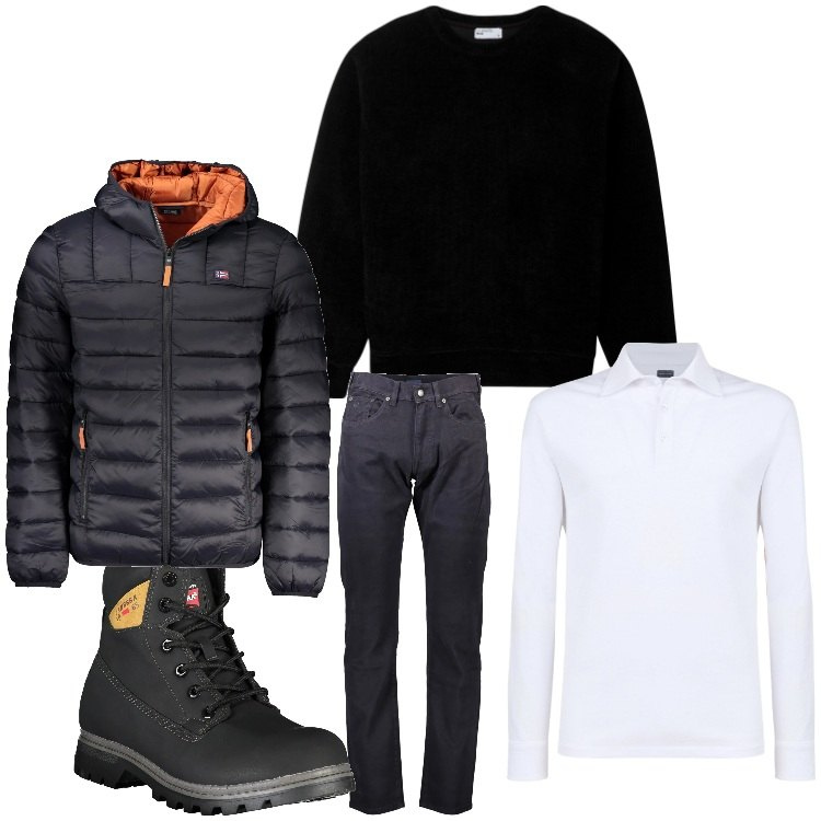 Outfit uomo - Camicia bianca. Stile Casual per Ufficio. Abbinamento con pullovers, polo, giacche, pantaloni, stivali.
