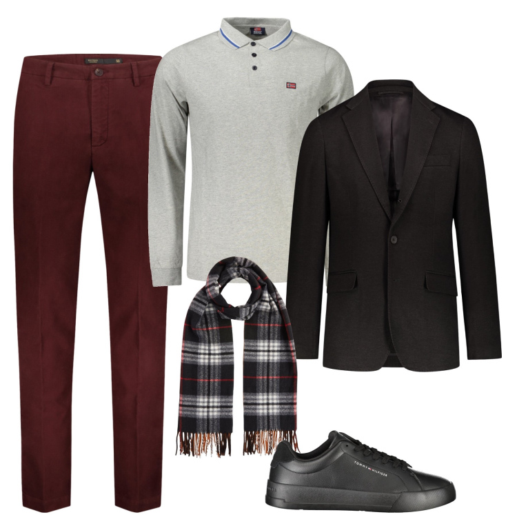 Outfit uomo - Il pantalone bordeaux. Stile Business/Elegante per Ufficio. Abbinamento con pantaloni, sciarpe, giacche, polo, sneakers.