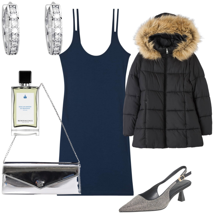 Outfit donna - Si brilla comunque al caldo. Stile Chic per Serata fuori. Abbinamento con profumi, vestiti, décolleté, piumini, orecchini, pochette.