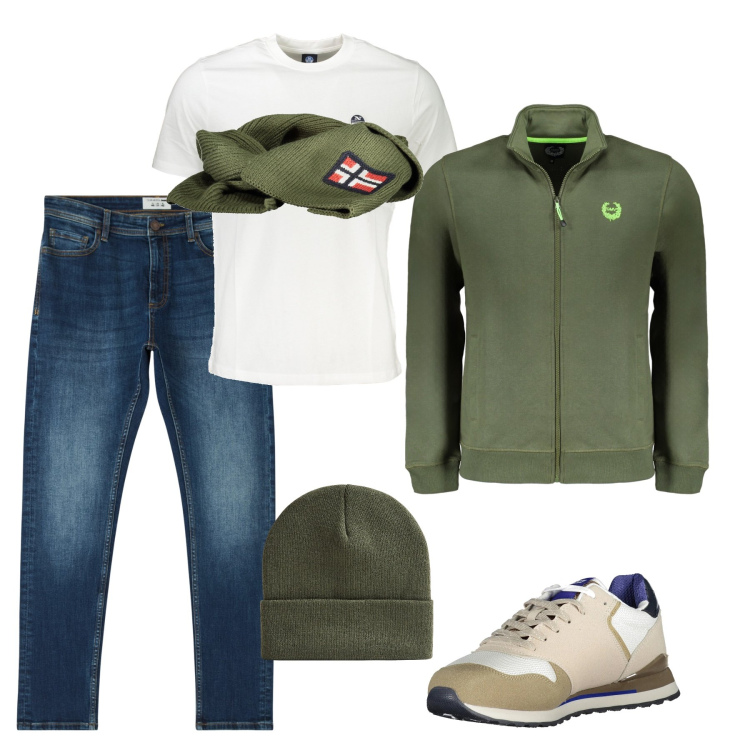 Outfit uomo - Accessori verdi. Stile Urban per Tutti i giorni. Abbinamento con jeans skinny, berretti, sciarpe, sneakers, felpe, t-shirt.