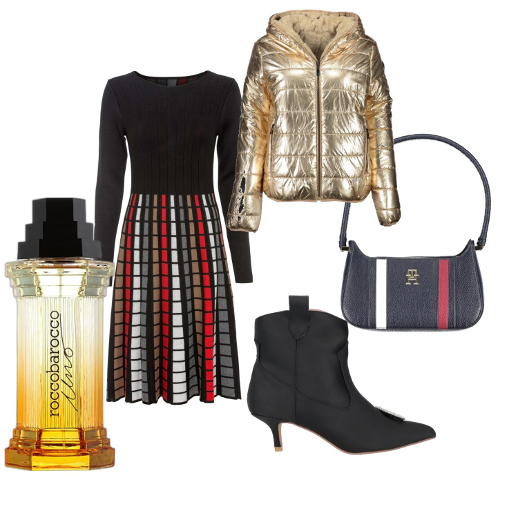 Outfit donna - Esuberante. Stile Casual chic per Serata fuori. Abbinamento con vestiti, stivaletti, profumi, borse a spalla, piumini.