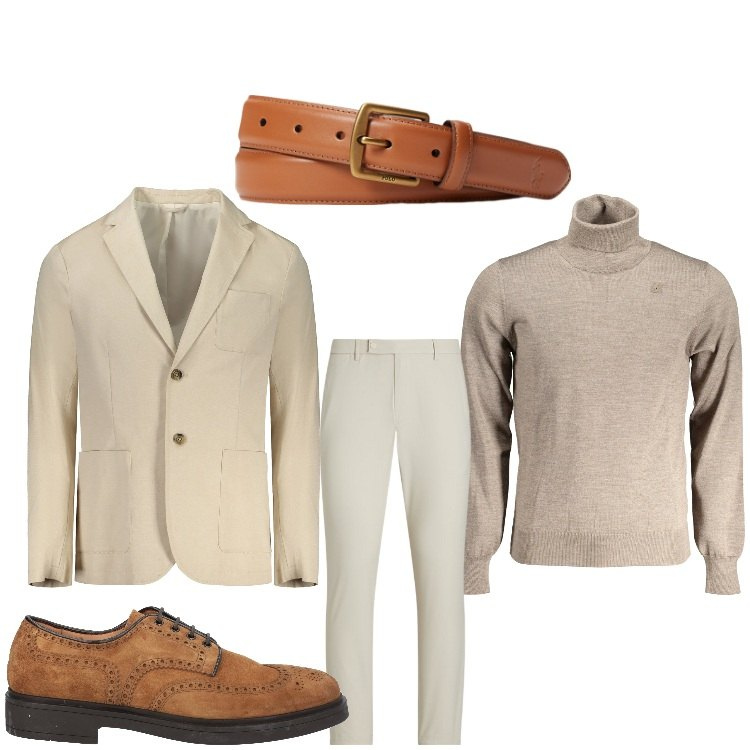 Outfit uomo - Giochi di marrone. Stile Business/Elegante per Ufficio. Abbinamento con scarpe stringate, cinture, pantaloni, maglieria, giacche.