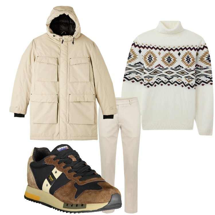 Outfit uomo - Bentornato inverno. Stile Casual per Tutti i giorni. Abbinamento con maglieria, parka, pantaloni, sneakers.