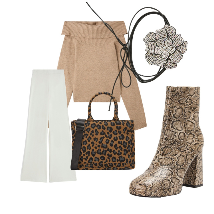 Outfit donna - Look spendido. Stile Casual per Tutti i giorni. Abbinamento con collane, shopping bag, stivaletti, maglieria, pantaloni.