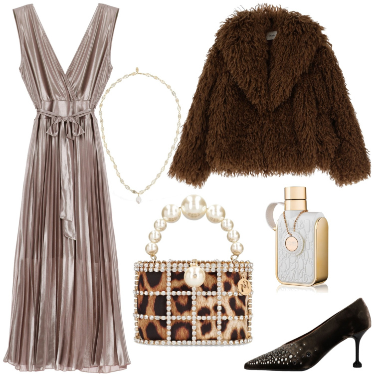 Outfit donna - Luci di Capodanno. Stile Glamour per Serata fuori. Abbinamento con profumi, vestiti midi/longuette, cappotti, décolleté, borse a mano, collane.
