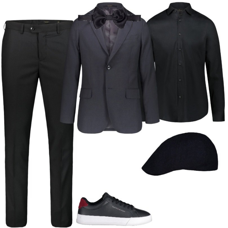 Outfit uomo - Papillon blu notte. Stile Business/Elegante per Cerimonia. Abbinamento con camicie, giacche, sneakers, pantaloni, cappelli e berretti, papillon.