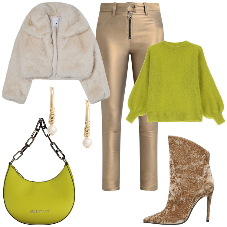 Outfit donna - Serata in verde e oro. Stile Glamour per Serata fuori. Abbinamento con stivaletti, blazer, pantaloni skinny, maglieria, orecchini, borse a spalla.