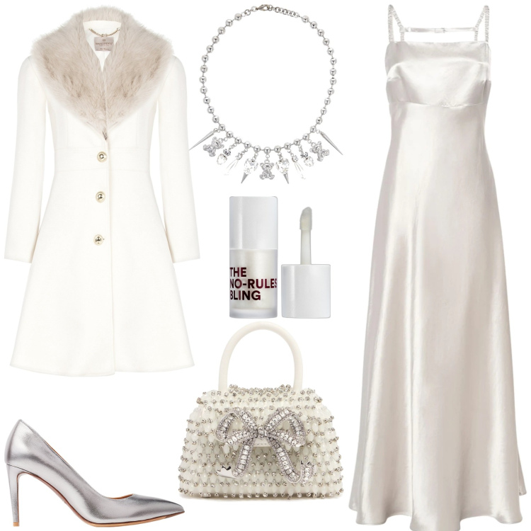 Outfit donna - La regina delle nevi. Stile Glamour per Serata fuori. Abbinamento con ombretti, cappotti, décolleté, vestiti midi/longuette, borse a mano, collane.