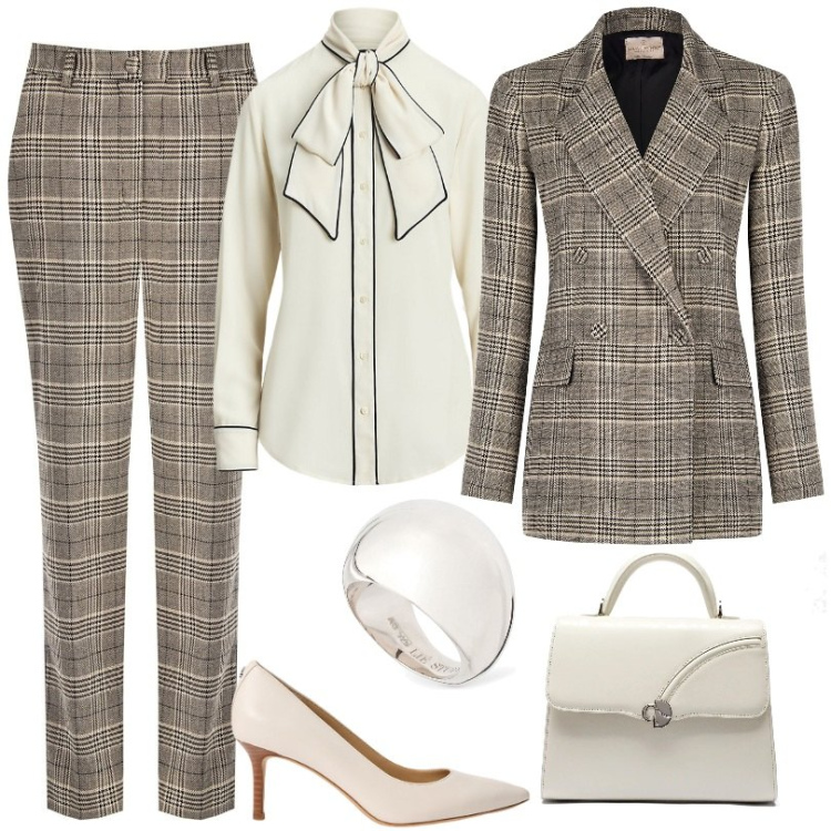 Outfit donna - tailleur principe di galles. Stile Chic per Tutti i giorni. Abbinamento con blazer, pantaloni, camicie, décolleté, borse a mano, anelli.