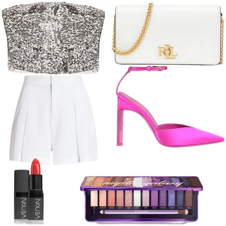 Outfit donna - Una sera in discoteca. Stile Sexy per Serata fuori. Abbinamento con ombretti, rossetti, décolleté, top, minigonne, borse a mano.