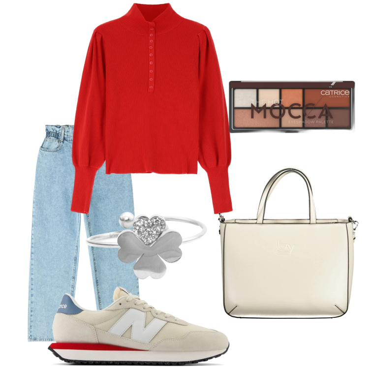 Outfit donna - Total look #2021200. Stile Casual per Tutti i giorni. Abbinamento con ombretti, jeans, sneakers, maglieria, anelli, borse a spalla.