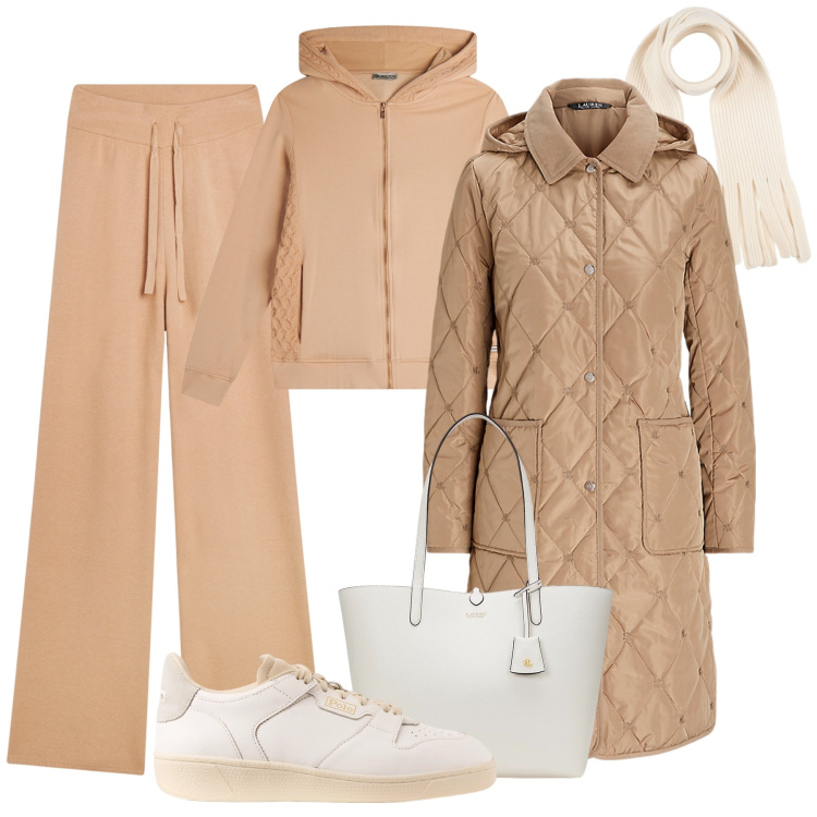 Outfit donna - Comoda, calda H24. Stile Sporty chic per Tutti i giorni. Abbinamento con sciarpe, felpe con cappuccio, pantaloni, cappotti, sneakers, borse tote.