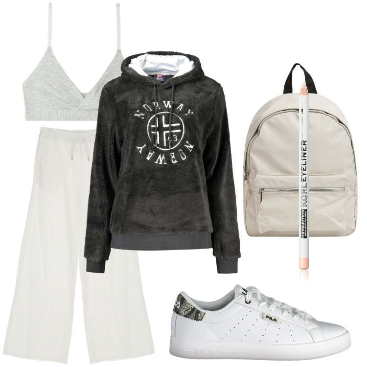 Outfit donna - Total look #2021226. Stile Urban per Tutti i giorni. Abbinamento con eyeliner, reggiseni, zaini, pantaloni a palazzo, sneakers, felpe con cappuccio.
