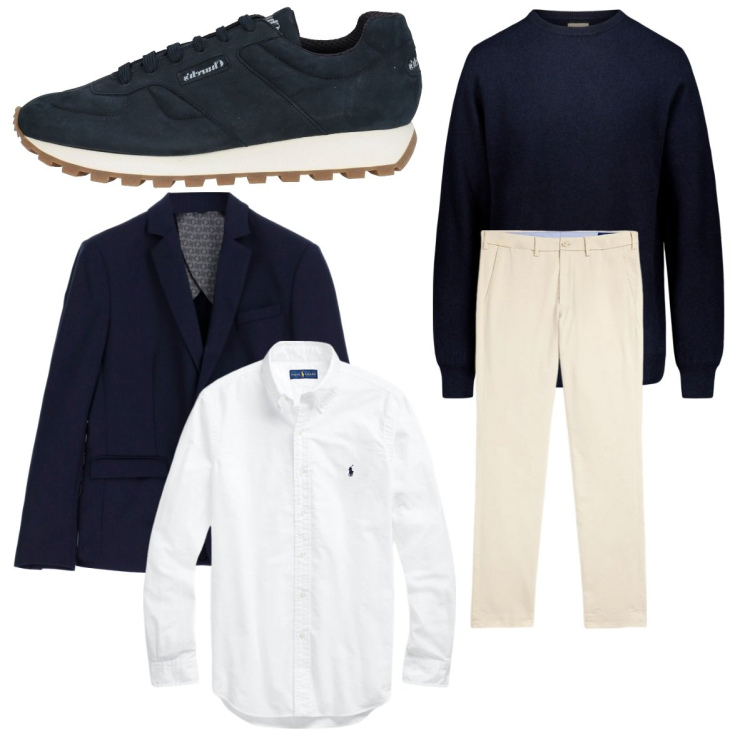 Outfit uomo - Classico bianco e blu. Stile Business/Elegante per Tutti i giorni. Abbinamento con sneakers, giacche, maglieria, camicie, pantaloni chino.