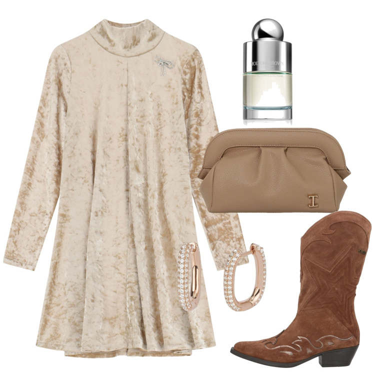 Outfit donna - Ciniglia sabbia. Stile Chic per Serata fuori. Abbinamento con stivali, profumi, orecchini, borse a mano, vestiti corti.