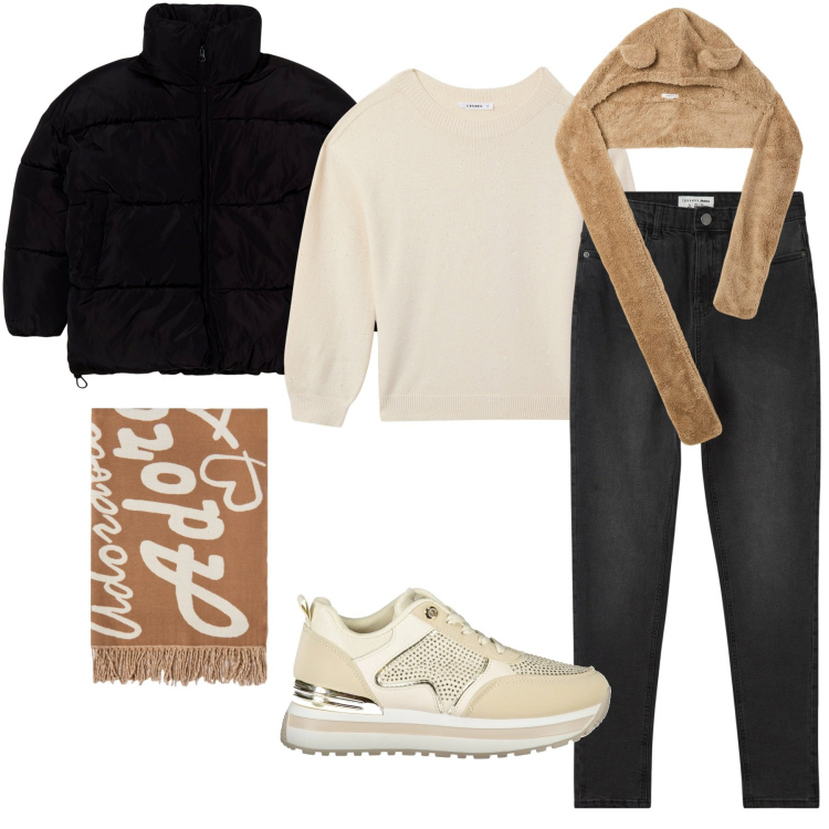 Outfit donna - Comfy winter. Stile Casual per Tutti i giorni. Abbinamento con jeans skinny, berretti, blazer, maglieria, sneakers, sciarpe.