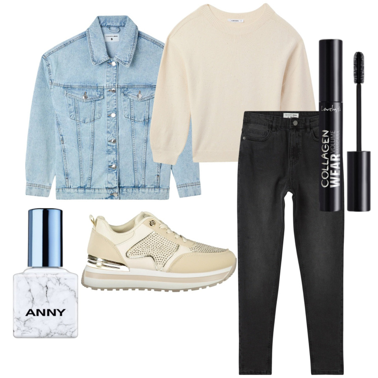 Outfit donna - Casual. Stile Casual per Tutti i giorni. Abbinamento con mascara, smalti, jeans skinny, maglieria, cappotti, sneakers.